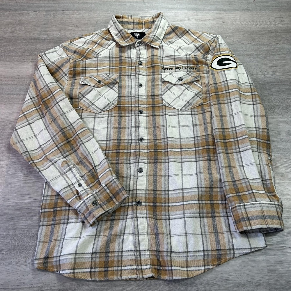 Green Bay Packers Shirt Mens Large Beige NFL Football Flannel Button Front Plaid